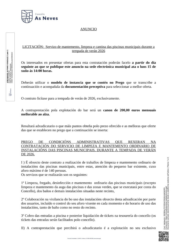 LICITACIÓN: Servizo de mantemento, limpeza e cantina das piscinas municipais durante a tempada de verán 2026