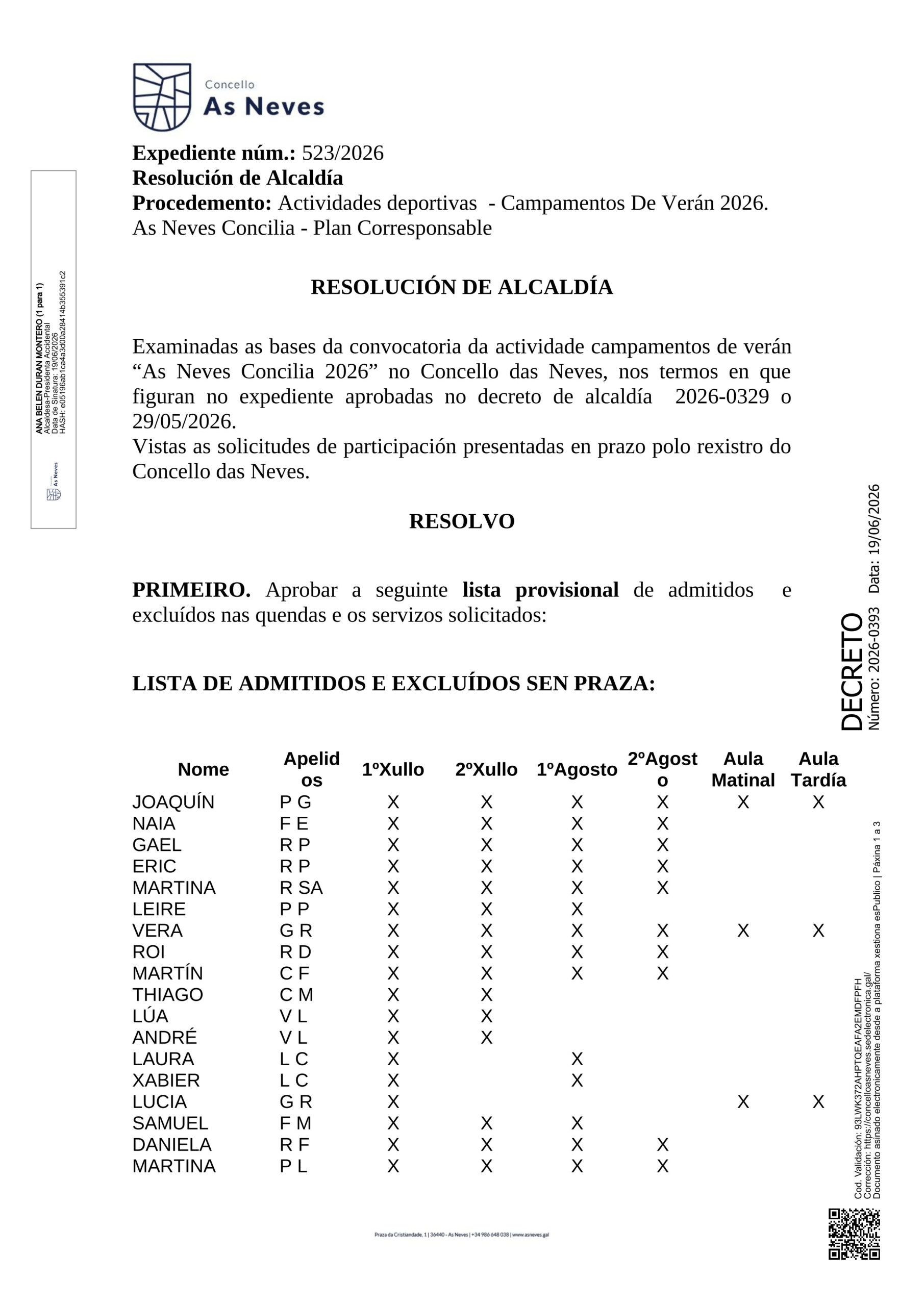 Listaxe provisional admitidos Campamento de verán 2026