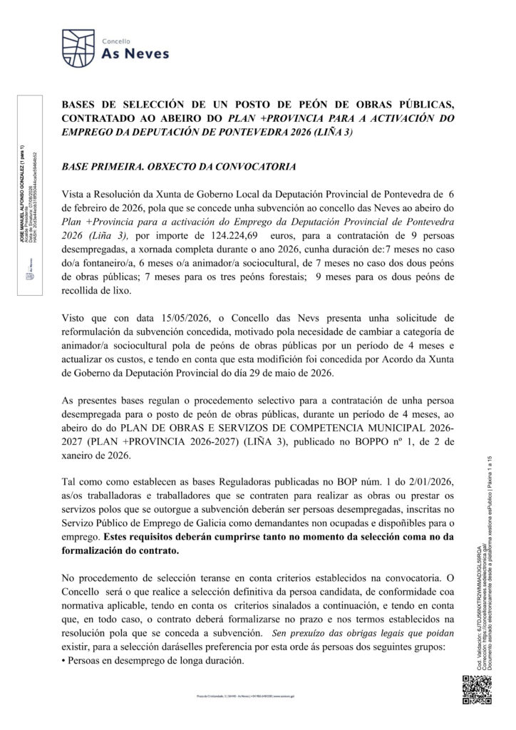 BASES DE SELECCIÓN DE UN POSTO DE PEÓN DE OBRAS PÚBLICAS, CONTRATADO AO ABEIRO DO PLAN +PROVINCIA PARA A ACTIVACIÓN DO EMPREGO DA DEPUTACIÓN DE PONTEVEDRA 2026 (LIÑA 3)