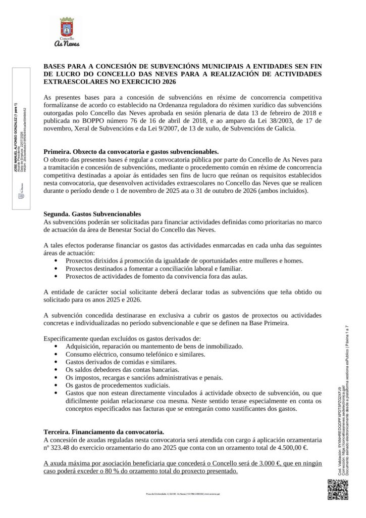 BASES PARA A CONCESIÓN DE SUBVENCIÓNS MUNICIPAIS A ENTIDADES SEN FIN DE LUCRO DO CONCELLO DAS NEVES PARA A REALIZACIÓN DE ACTIVIDADES EXTRAESCOLARES NO EXERCICIO 2026