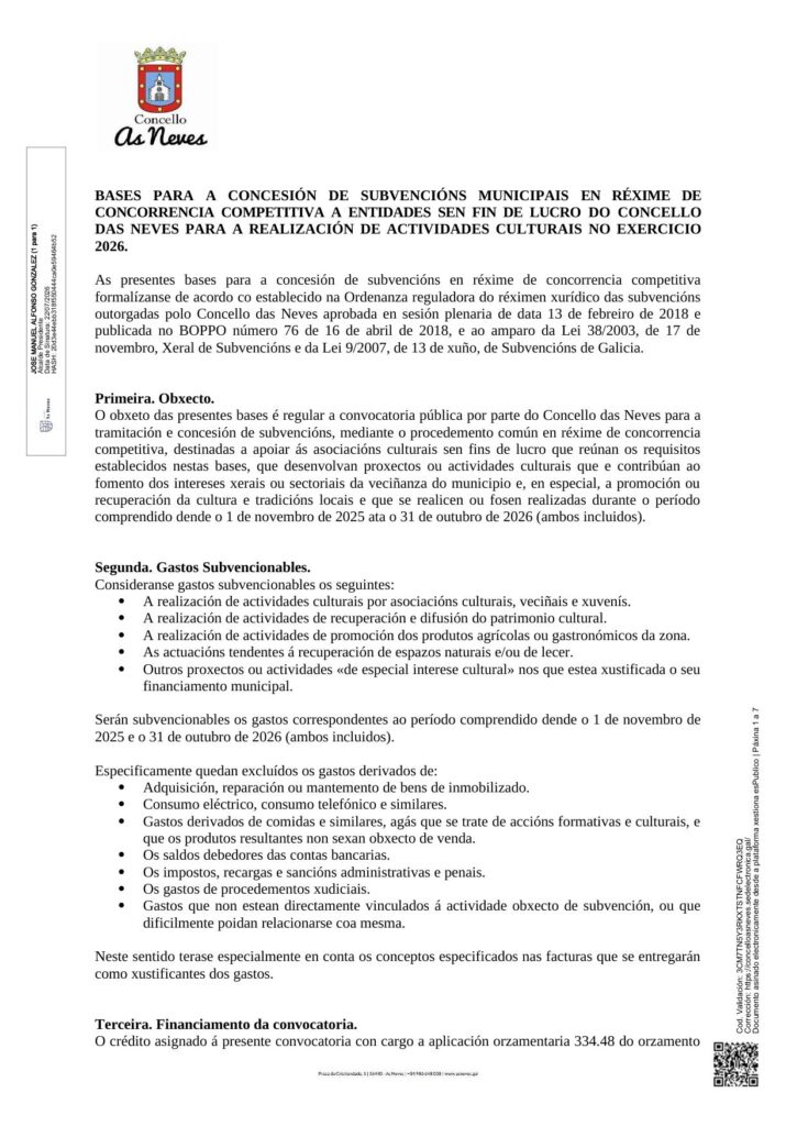BASES PARA A CONCESIÓN DE SUBVENCIÓNS MUNICIPAIS EN RÉXIME DE CONCORRENCIA COMPETITIVA A ENTIDADES SEN FIN DE LUCRO DO CONCELLO DAS NEVES PARA A REALIZACIÓN DE ACTIVIDADES CULTURAIS NO EXERCICIO 2026