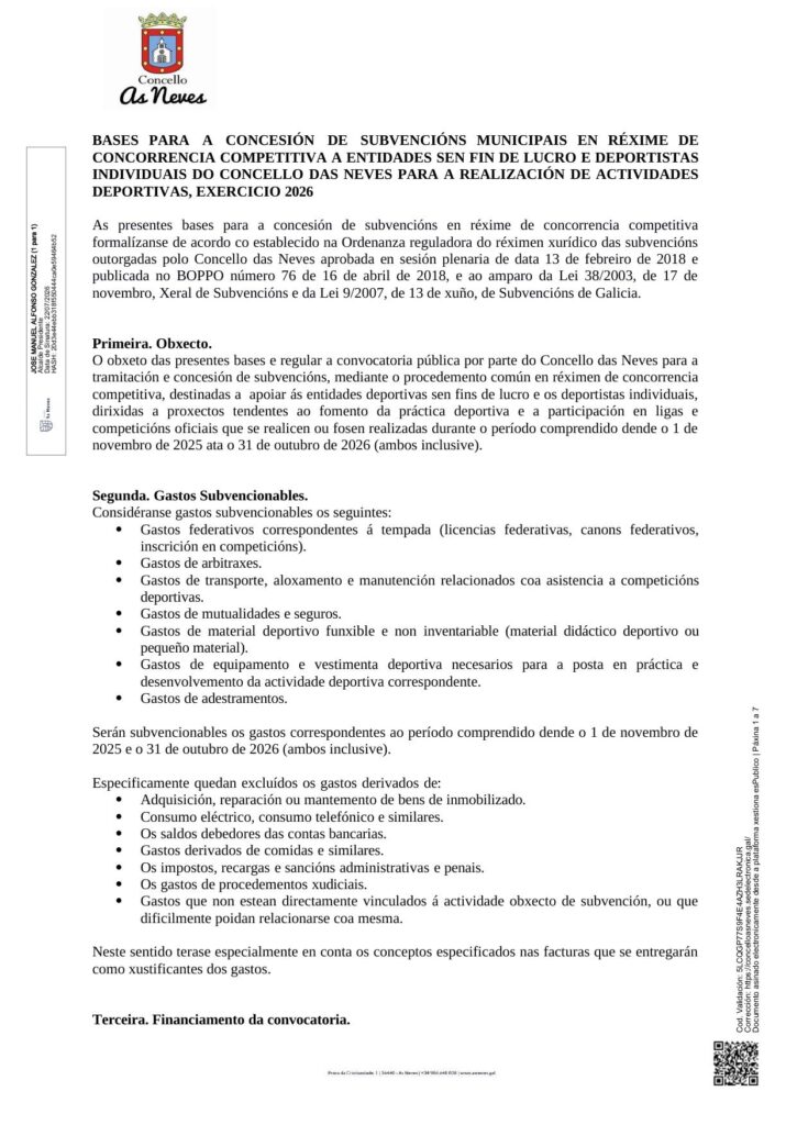 BASES PARA A CONCESIÓN DE SUBVENCIÓNS MUNICIPAIS EN RÉXIME DE CONCORRENCIA COMPETITIVA A ENTIDADES SEN FIN DE LUCRO E DEPORTISTAS INDIVIDUAIS DO CONCELLO DAS NEVES PARA A REALIZACIÓN DE ACTIVIDADES DEPORTIVAS, EXERCICIO 2026