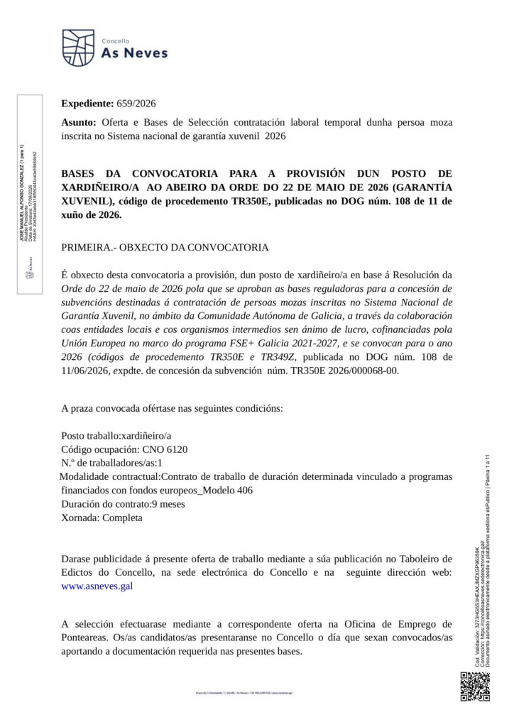 Bases da convocatoria para a provisión dun posto de xardiñeiro/a (Garantía Xuvenil 2026)